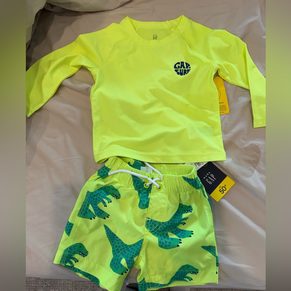 GAP Baby Neon Yellow-Green Rash Guard Set with Green Dino Swim Shorts